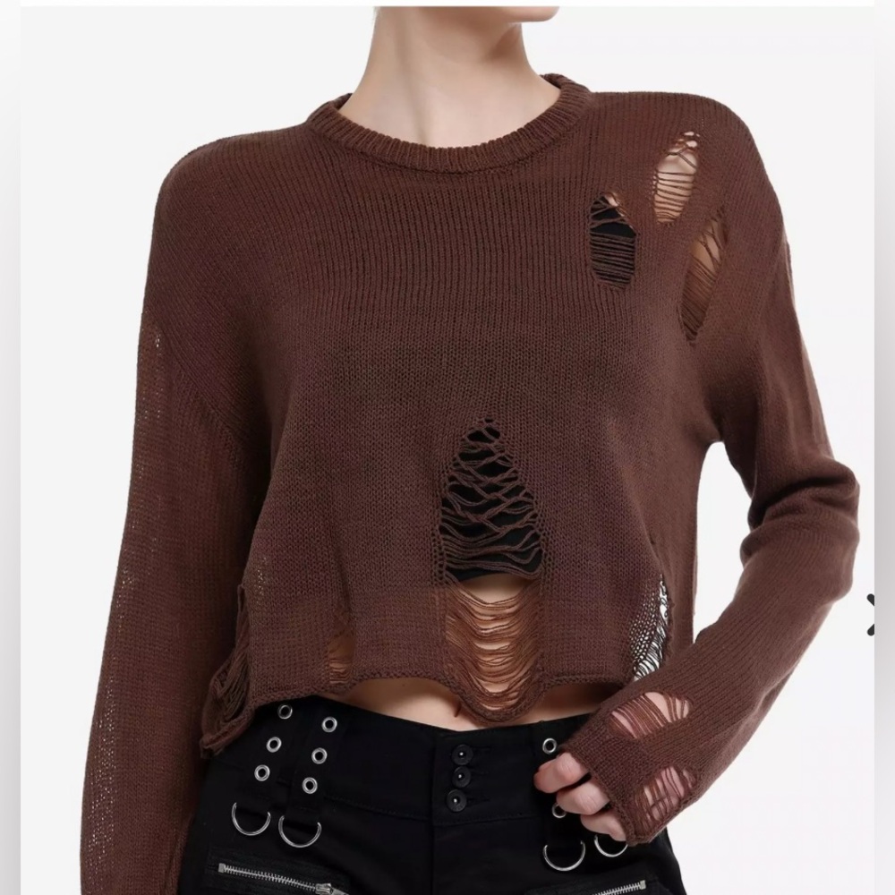 Social Collision/Hot Topic Thrashed Crop Sweater JR 1/XS Brown-NWOT Trendy